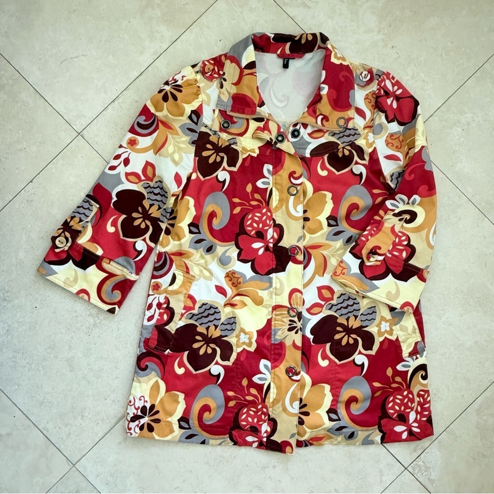 Ambition Floral Print Spring/Fall Jacket Roll Tab Sleeves Button & Zip